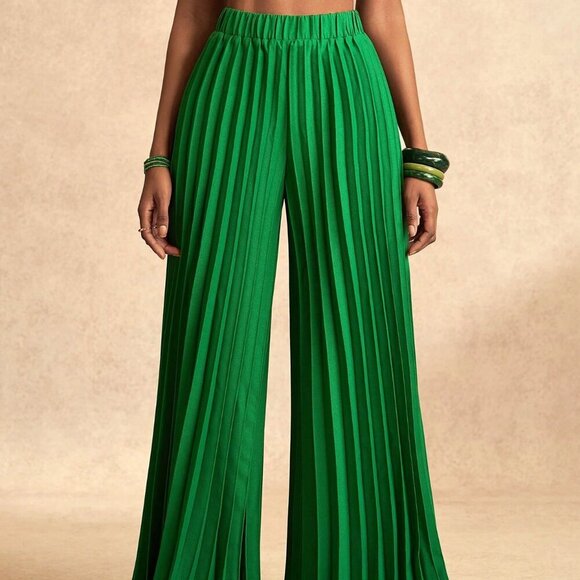 Green Casual Women's Elegant Pleated Wide-Leg Elastic Waist Pants - Picture 6 of 8